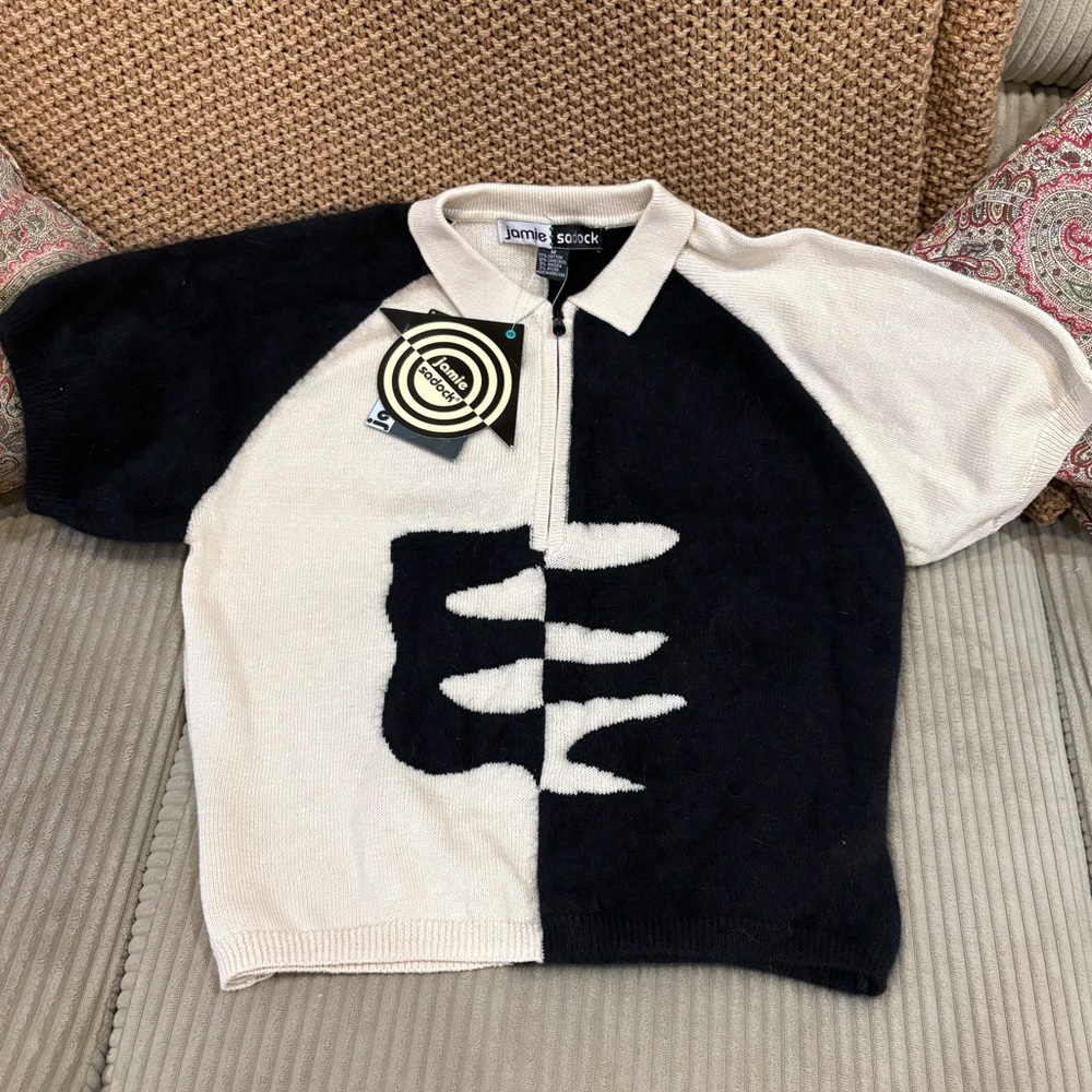 NWT Vintage JAMIE SADOCK Black White Short Sleeve Sweater Angora Lambswool M